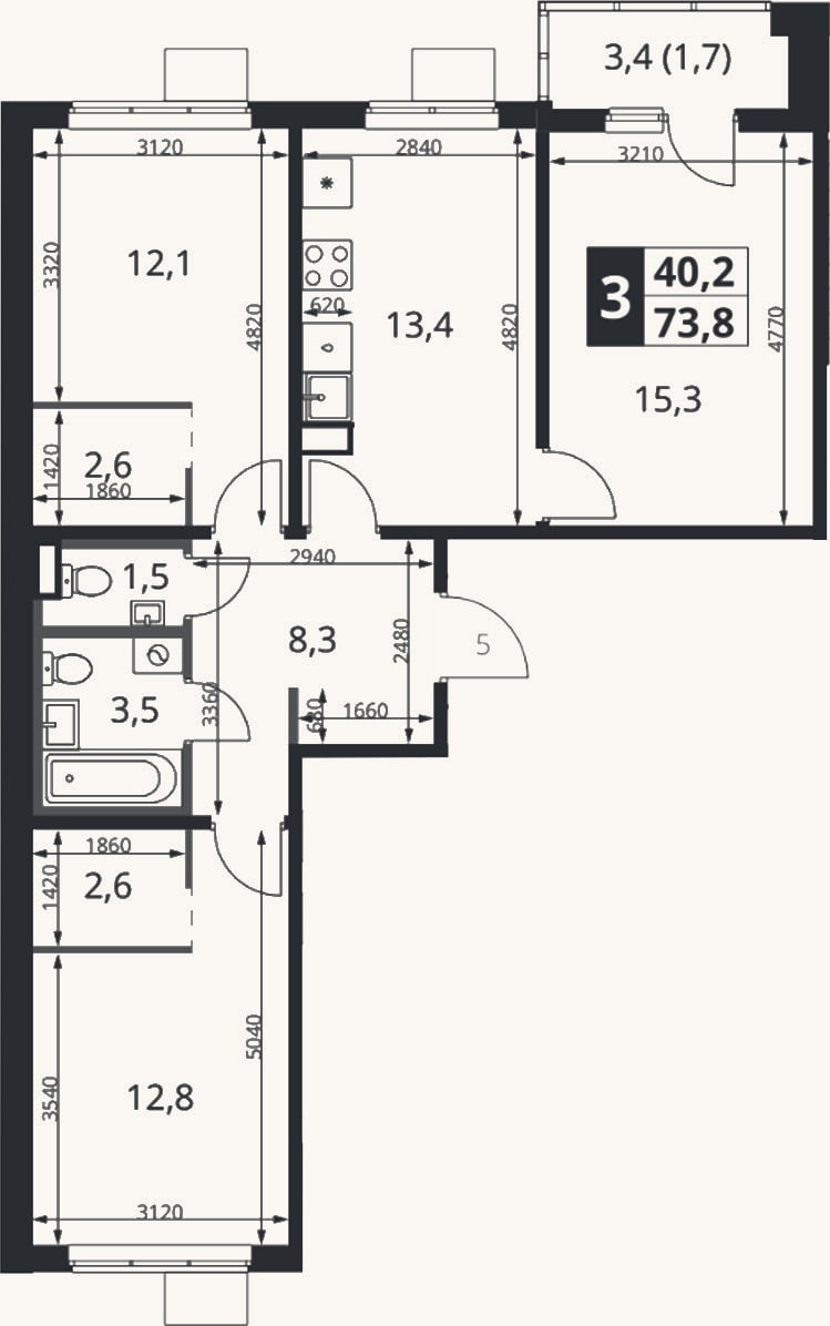 Планировка: 3-к, 72,1 м²