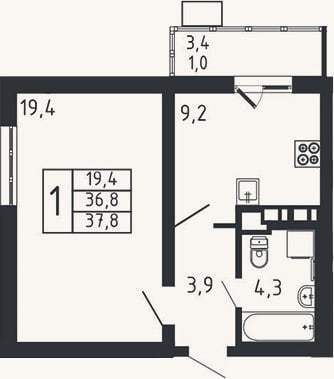 Планировка: 1-к, 36,8 м²