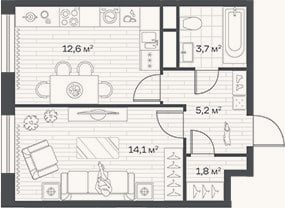 Планировка: 1-к, 37,4 м²
