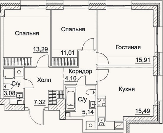 Планировка: 3-к, 75,3 м²