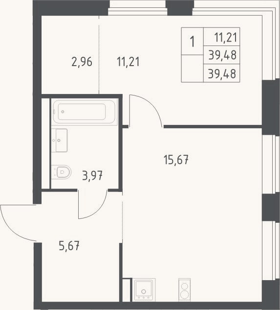 Планировка: 2-к, 39,5 м²