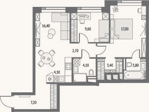 Планировка: 3-к, 68,5 м²