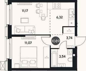 Планировка: 2-к, 35,8 м²