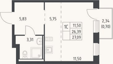 Планировка: Студия, 26,4 м²