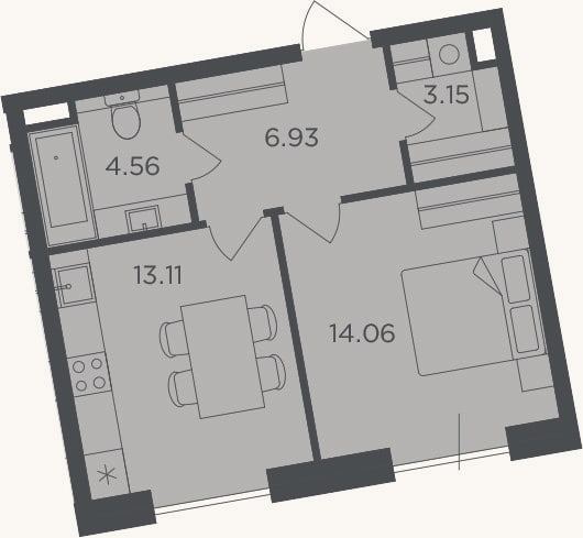Планировка: 1-к, 41,8 м²