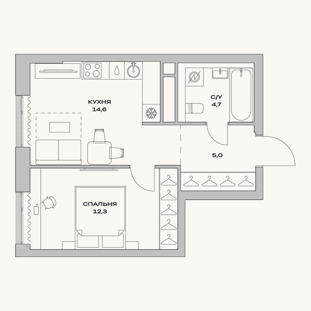 Планировка: 1-к, 36,6 м²