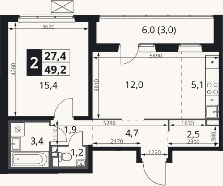 Планировка: 2-к, 46,2 м²