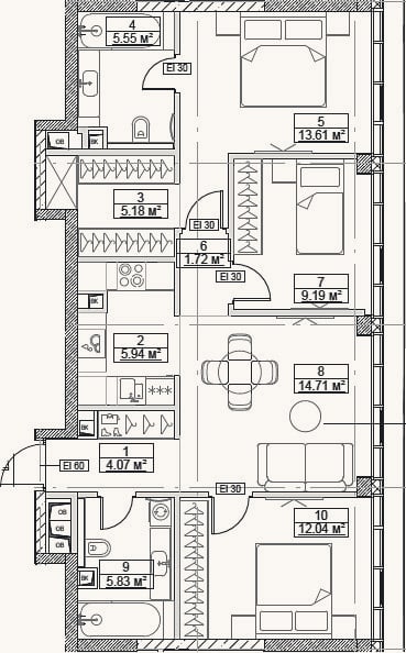 Планировка: 4+ к, 77,8 м²