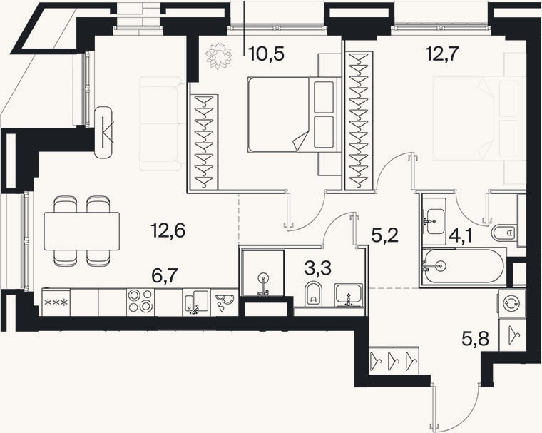 Планировка: 3-к, 60,8 м²