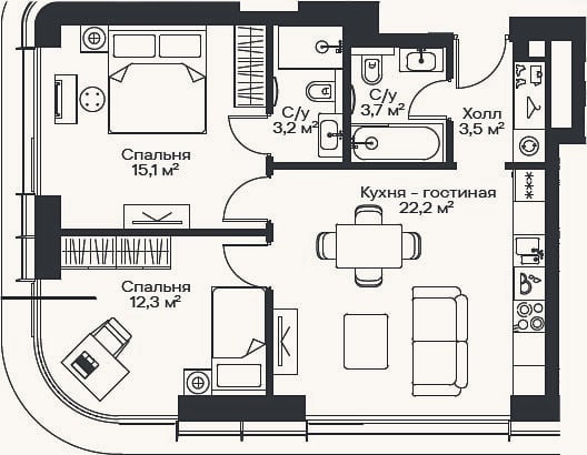 Планировка: 3-к, 58,8 м²