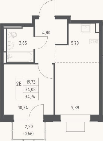 Планировка: 2-к, 34,1 м²