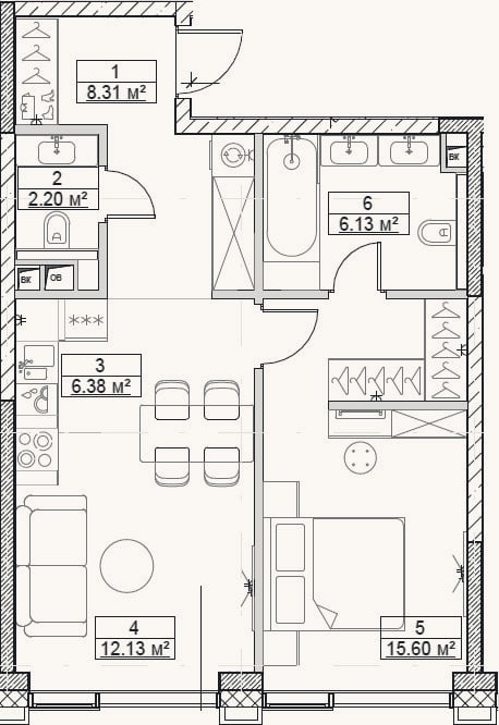 Планировка: 2-к, 50,8 м²