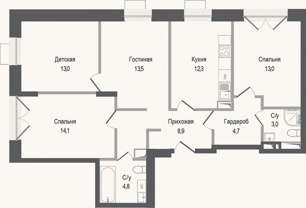 Планировка: 4+ к, 87,3 м²