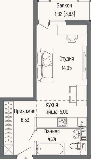 Планировка: Студия, 29,6 м²