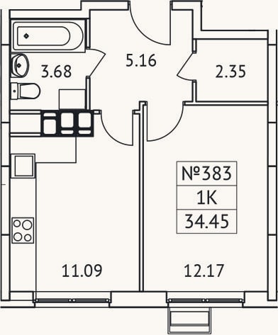 Планировка: 1-к, 34,5 м²