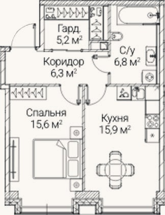 Планировка: 1-к, 49,8 м²