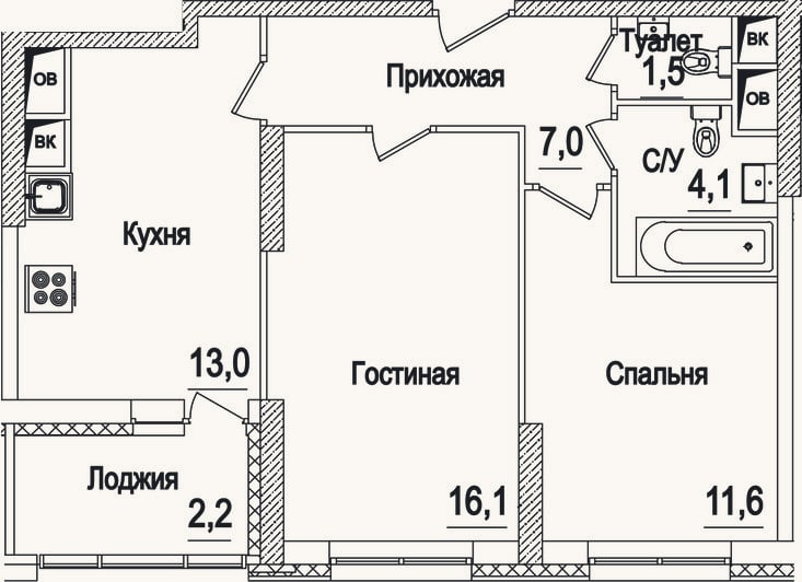 Планировка: 2-к, 53,3 м²