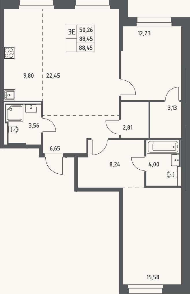 Планировка: 3-к, 88,5 м²