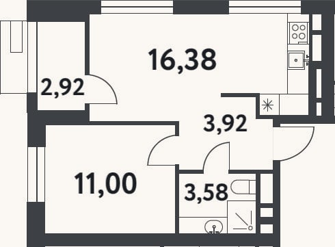 Планировка: 1-к, 34,9 м²