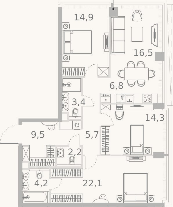 Планировка: 4+ к, 99,6 м²