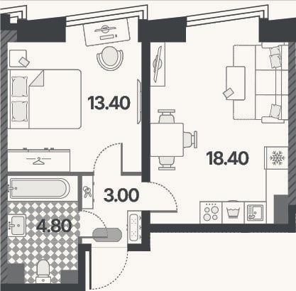 Планировка: 2-к, 39,6 м²