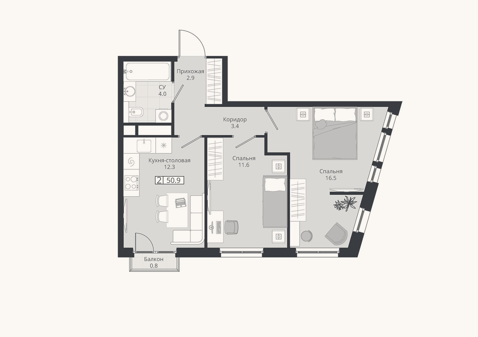 Планировка: 3-к, 50,7 м²