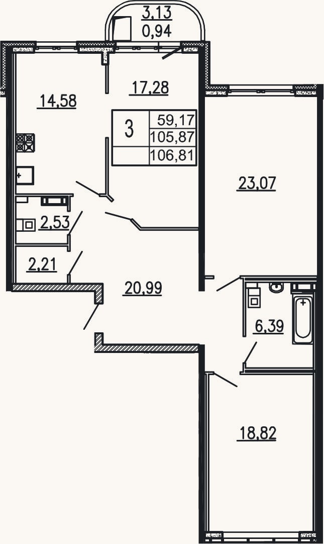 Планировка: 3-к, 105,9 м²