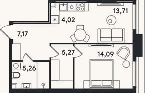 Планировка: 2-к, 49,5 м²