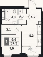 Планировка: 1-к, 34,2 м²