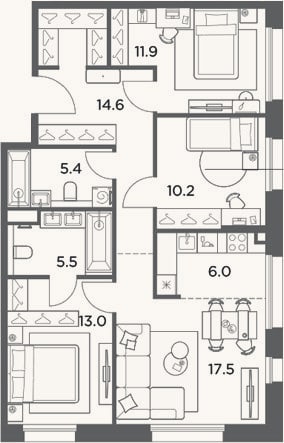 Планировка: 4+ к, 84,1 м²
