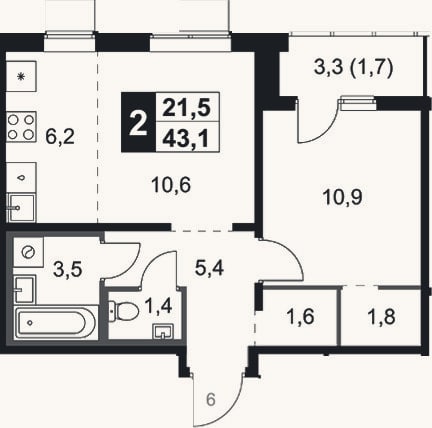 Планировка: 2-к, 42,5 м²