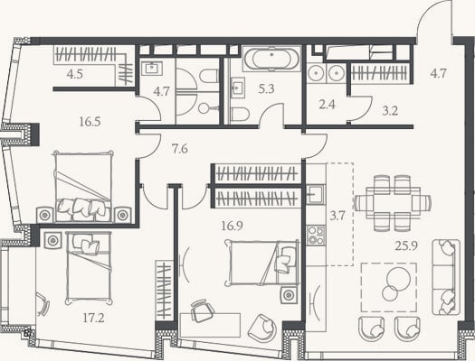 Планировка: 4+ к, 109 м²