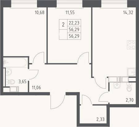 Планировка: 2-к, 56,3 м²
