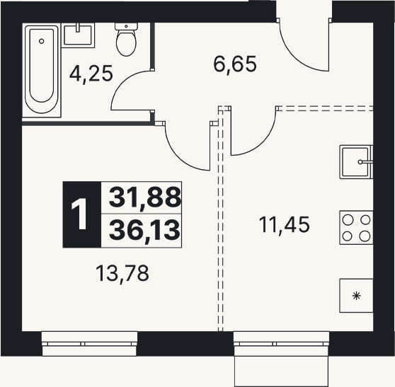 Планировка: 1-к, 36,1 м²