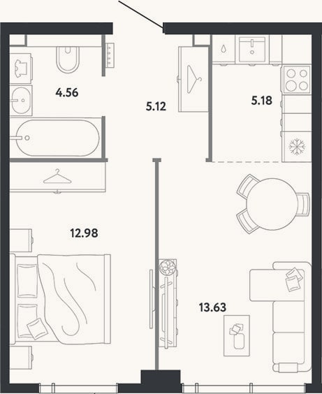 Планировка: 1-к, 41,5 м²