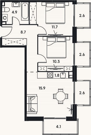 Планировка: 3-к, 53,3 м²
