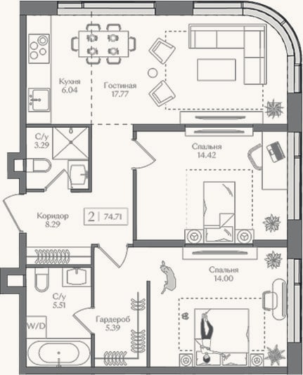 Планировка: 3-к, 74,7 м²