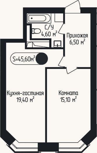 Планировка: 1-к, 45,6 м²