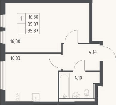 Планировка: 1-к, 35,4 м²