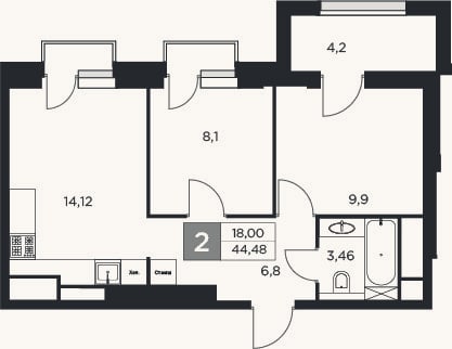 Планировка: 2-к, 42,4 м²