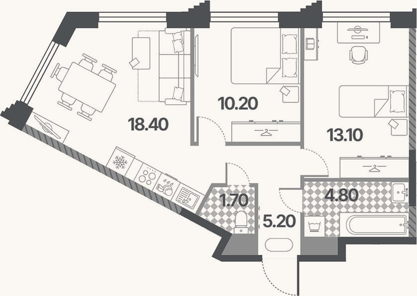 Планировка: 3-к, 53,4 м²