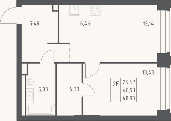 Планировка: 2-к, 48,9 м²