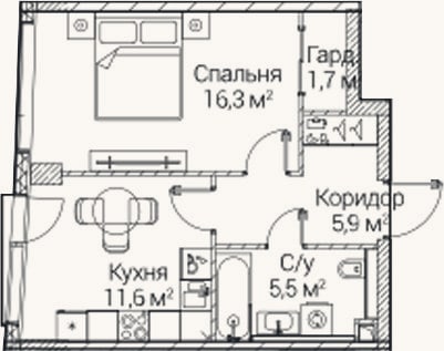 Планировка: 1-к, 40,6 м²