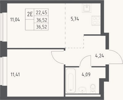 Планировка: 2-к, 36,5 м²