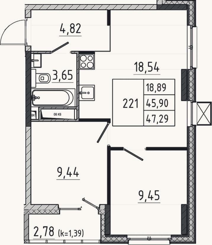 Планировка: 3-к, 45,9 м²