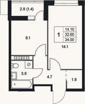 Планировка: 1-к, 32,6 м²