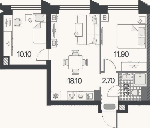 Планировка: 3-к, 46,9 м²