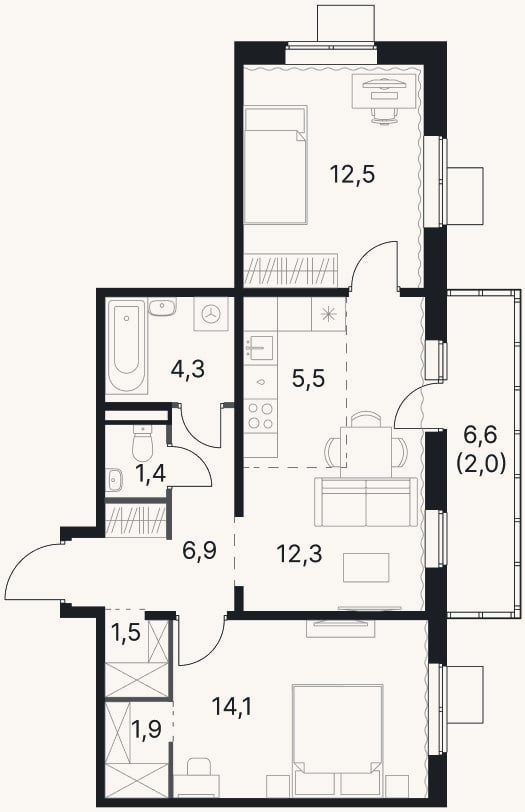 Планировка: 3-к, 60,4 м²