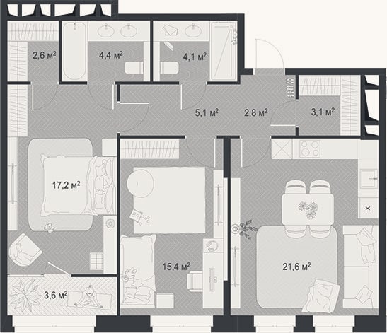 Планировка: 3-к, 76,3 м²