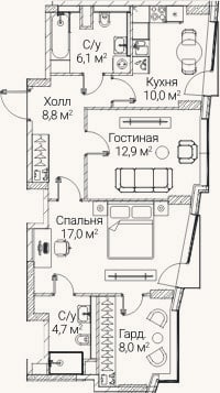 Планировка: 2-к, 66,8 м²